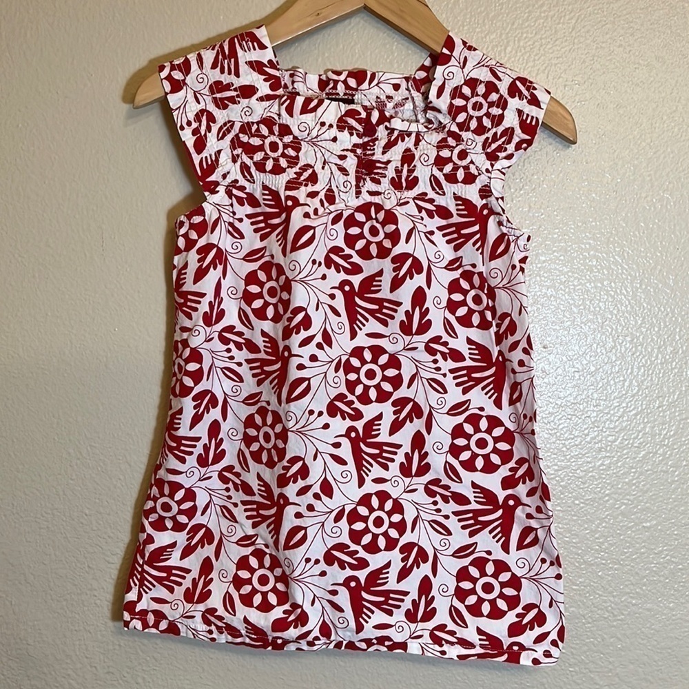 𝅺TEA Collection Red White Floral Birds Short Sleeve Dress